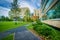 Walkway and Tata Hall, at Harvard Business School, in Boston, Ma