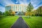 Walkway and Tata Hall, at Harvard Business School, in Boston, Ma