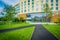 Walkway and Tata Hall, at Harvard Business School, in Boston, Ma