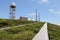 Walkway to the summit of Serra de Santa Barbara, topped with communications antennae, Terceira, Azores, Portugal