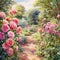 A walkway through a traditional English rose garden. Pathway leading to a trees with pink rose bushes either side. Digital