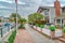 Walkways and houses lining the canal in picturesque Long Beach California town