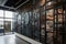 wall of blackened steel and glass with industrial design elements