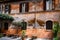 wall of a building with potted plants. Charming facade with shutters. Paved sidewalk