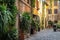 wall of a building with potted plants. Charming facade with shutters. Paved sidewalk