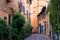 wall of a building with potted plants. Charming facade with shutters. Paved sidewalk