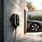 Wall charger for electric car, charging station outside home in summer