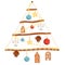 Wall Christmas tree made of wooden sticks and rope, with toys for Christmas and New Year. Craft decoration, branches and