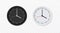 Wall clock, realistic black and white watch. Round hour clockface, quartz clockwise, light schedule, minutes hours and