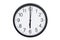 Wall clock shows time 6 o`clock on white isolated background. Round wall clock - front view. Eighteen o`clock