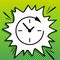Wall clock. Support. Black Icon on white popart Splash at green background with white spots. Illustration
