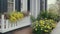 Wall exterior siding house architecture sidewalk and multicolored yellow flowers