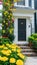 Wall exterior siding house architecture sidewalk and multicolored yellow flowers