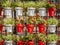 Wall of flowerpots outside in a garden