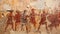 Wall fresco with Ancient warriors in battle, Greek and Roman art, artifact of past civilization. Old vintage damaged painting with
