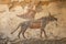 Wall fresco of bull like Ancient art, cracked vintage mural of animal on old plaster. Damaged painted artifact of past