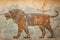 Wall fresco of lion like Ancient art, cracked vintage mural of animal