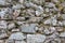 A wall of masonry stones of various shapes covered with lichen, moss and sacculents