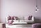 Wall mock up for modern sofa on light pink wall background with trendy home accessories