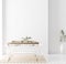 Wall mock up in white simple interior with wooden furniture, Scandi-Boho style