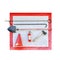 Wall-mounted fire shield with fire-fighting tools. Shovel, hook , axe, cone bucket, fire extinguisher and other