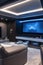 Wall mounted flatscreen TV reclining leather seats entertainment room modern sleek cinematic