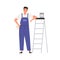 Wall painter standing with paint bucket and brush. Happy worker holding paintbrush and leaning on ladder. Portrait of