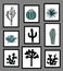 Wall pictures sat with black and white silhouettes of cactus, agave, and prickly pear. Vector illustration