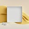 Wall poster mockup golden sand and foamy waves, AI generation