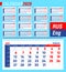 Wall quarter calendar for 2020 with weekly numbers. Russian and English version. Blue and red colors. Vector