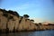 Wall of rock, in shadow, surmounted by maritime pines with background of sunny mountains, Parc National des Calanques, Marseille,