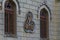 A wall sculpture illustrating shields and worrier helmet, Sturdza castle, Miclauseni, Romania