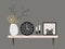 Wall shelf for a Scandinavian-style living room interior with dried flower vase, clock, candles and paintings. Vector