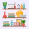 Wall shelves with books, vases, paintings, houseplants, candlesticks for living room interior, vector illustration