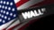 Wall street, concept with waving America flag.