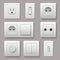 Wall switch. Power electrical socket electricity turn of and on plug vector realistic pictures
