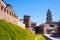 Wall of Templar Castle and city street. Ponferrada