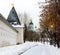 The wall and tower of Spaso-Andronikov Monaster, Temple of St. Sergius of Radonezh, Moscow, Russia