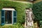 Wall of Villa Balbianello covered with creeping figs with a shuttered window. Lake Como, Italy