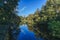 Wallanlagen Park in a sunny day, old wooden windmill with river in front, Bremen, Germany