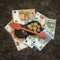 Wallet, coin, euro banknotes and red arrow symbol. Financial crisis concept