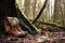 wallet on a forest trail, with a hiking boot stepping past it