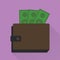 Wallet icon with money bills sticking out of it with stylish long shadow effect vector design.