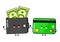 Wallet with money and Credit card character. Vector hand drawn cartoon kawaii characters, illustration icon. Funny