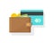 Wallet with money and credit or debit card vector illustration, flat cartoon idea of electronic or digital wallet with