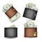 Wallet Set Vector. Dollar Banknotes. Realistic 3d Classic Brown And Black Leather Wallet. Locked With Padlock. Modern