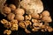 Wallnuts on a table in small baskets