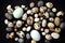 Wallpaper background conceptual photo with quail eggs and stones