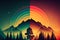 Wallpaper with a beautiful landscape in the style of the 80s synthwave. View of the rainbow, mountains and forest.