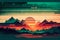 Wallpaper with a beautiful landscape in the style of the 80s synthwave. View of the rising sun, mountains and sea.